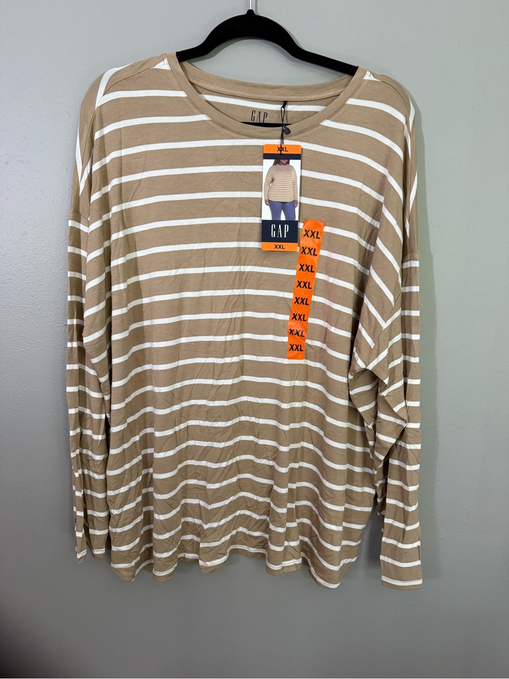GAP Tan and White Striped Long Sleeve Tee - Relaxed Fit